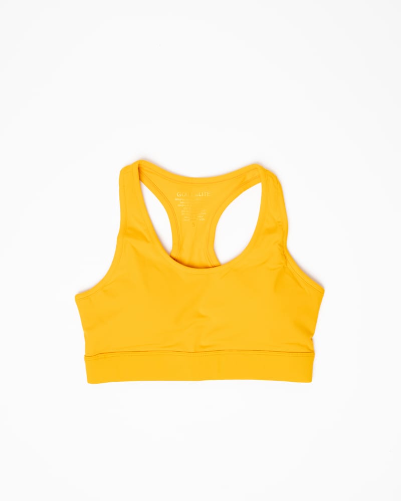 Front of a size L Classic Venus Sports Bra in Sunshine Marigold by Gold Elite Apparel. | dia_product_style_image_id:284789